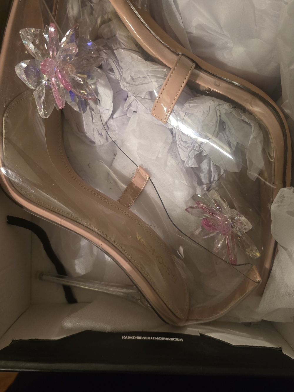 Fashion Nova Clear Heels with Pink Floral Crystal Accent
